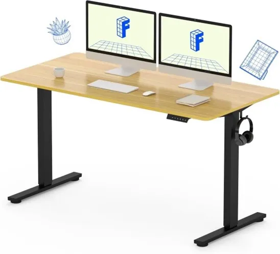 A standing desk with dual monitors